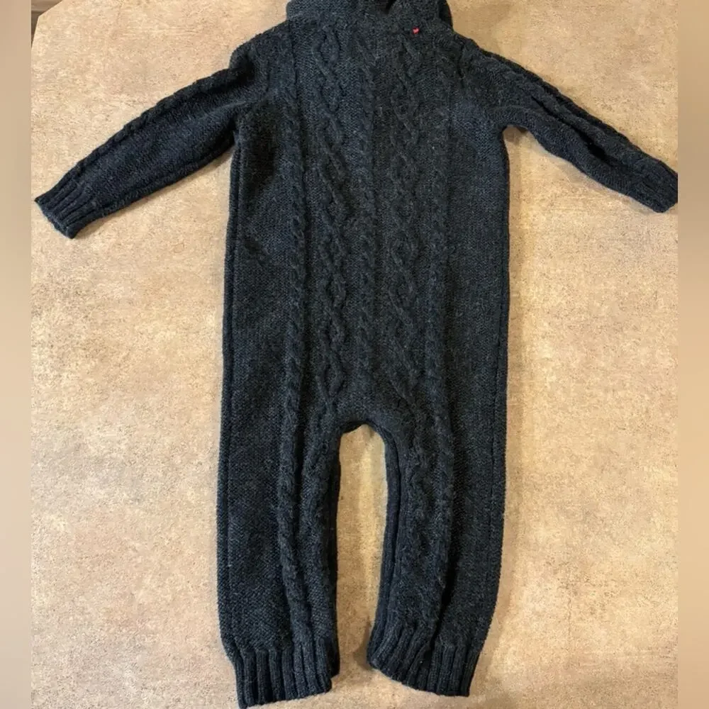 OshKosh B'Gosh Baby Cable Knit Charcoal Hooded Coverall, Size 12M